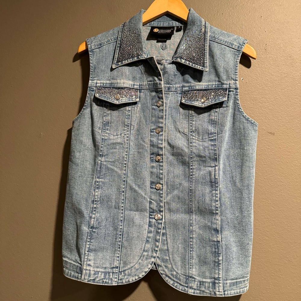 Christine Alexander Embellished Button Down Denim Jean Vest Size Medium